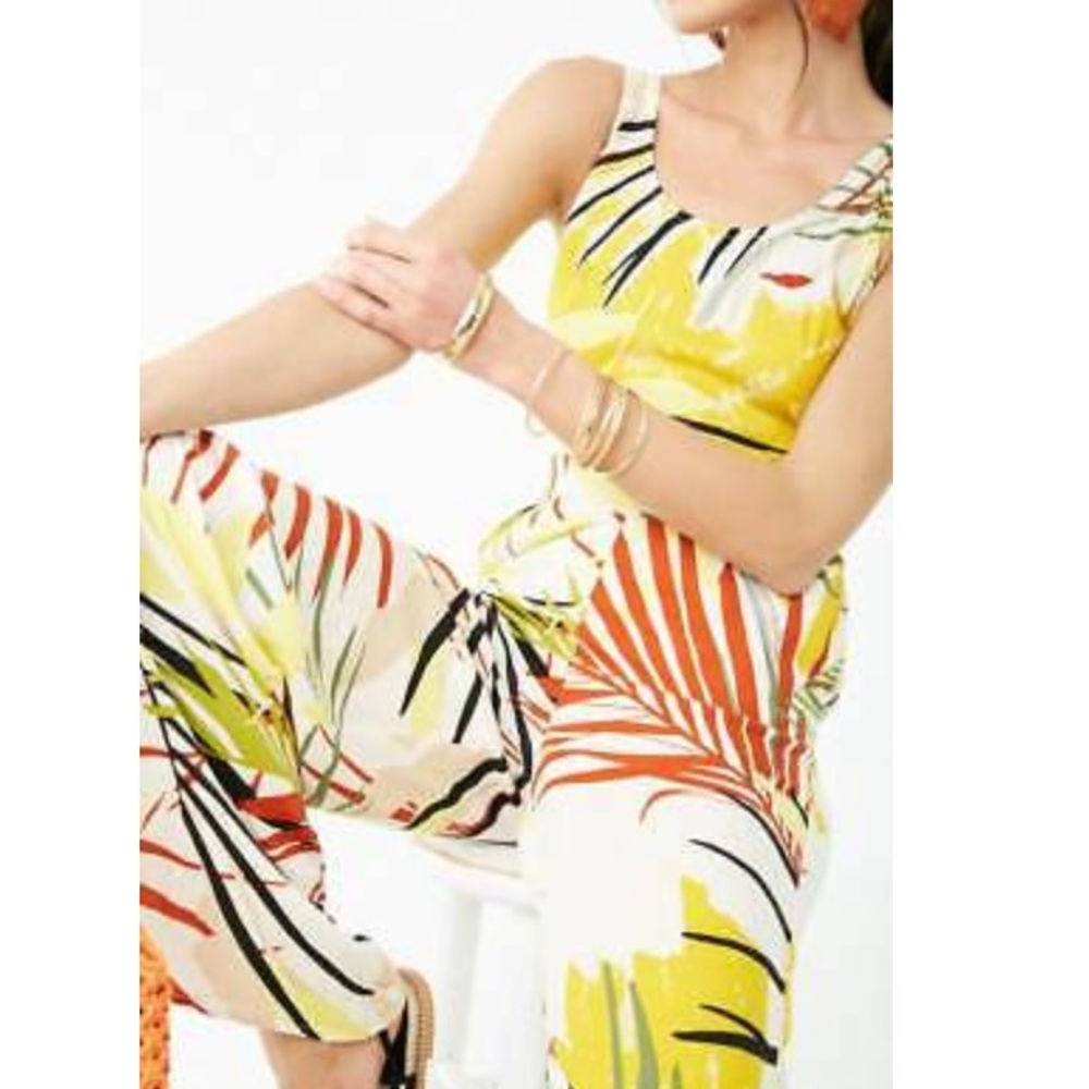Beige Multi Leaf Print Wide-Leg Jumpsuit